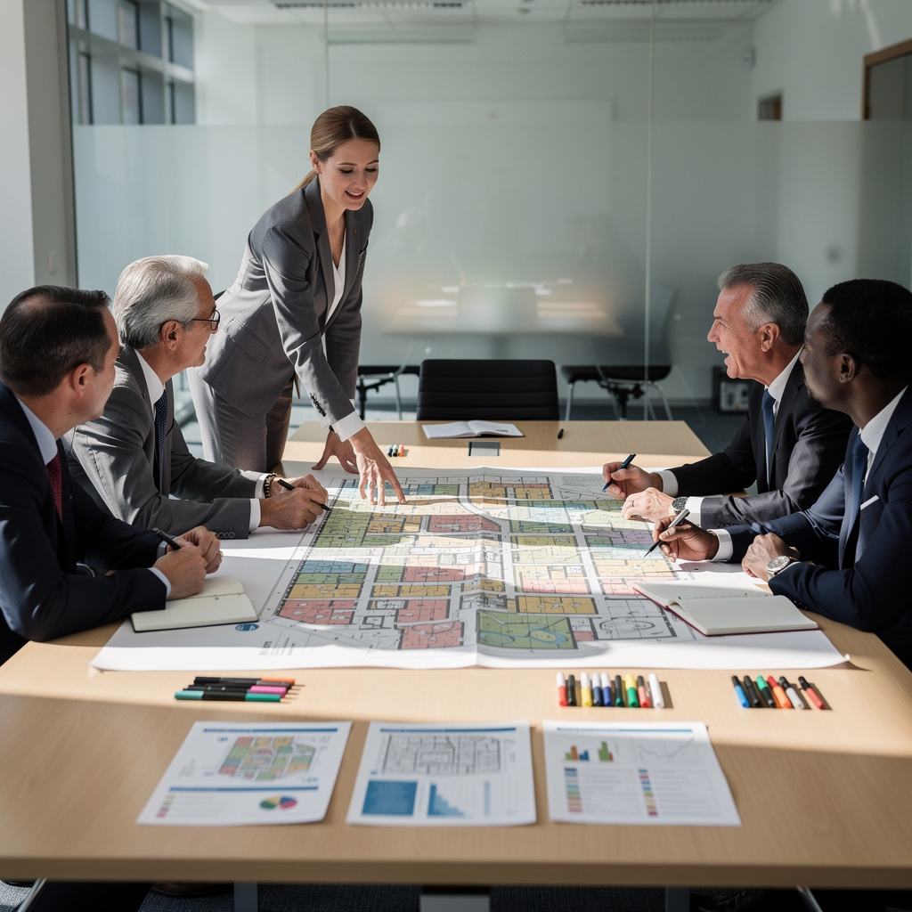 Facilitadora guiando una sesión de trabajo con equipo directivo en torno a planos de oficina